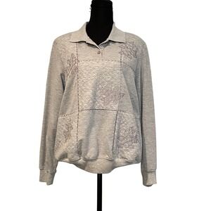 Alfred Dunner Women's Gray Quilted Floral Embroidered Collared Sweatshirt Size M